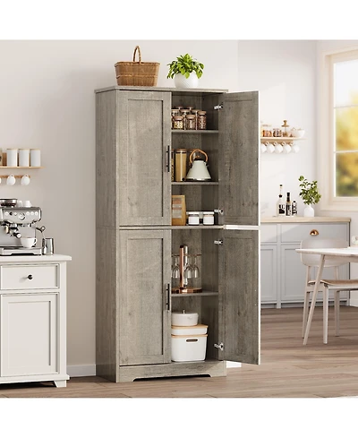 homfan Farmhouse Kitchen Pantry Cabinet, Tall Storage Cupboard with 4 Barn Doors, Adjustable Shelves for Kitchen, Dining Room, Living Room