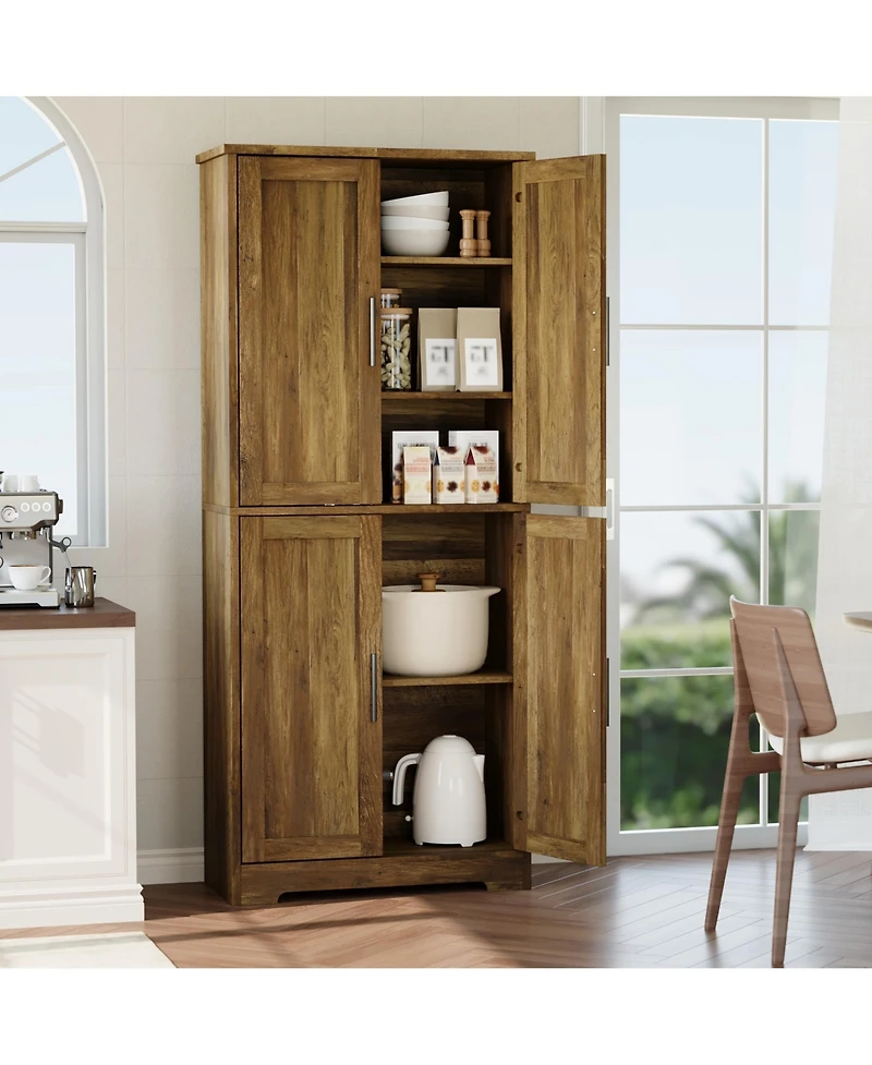 homfan Farmhouse Kitchen Pantry Cabinet, Tall Storage Cupboard with 4 Barn Doors, Adjustable Shelves for Kitchen, Dining Room, Living Room