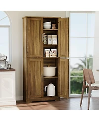homfan Farmhouse Kitchen Pantry Cabinet, Tall Storage Cupboard with 4 Barn Doors, Adjustable Shelves for Kitchen, Dining Room, Living Room