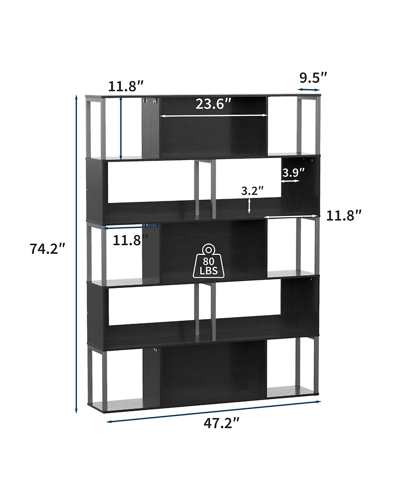 homfan Geometric Bookshelf, 74 Inch Metal 5 Tier Narrow Bookcase with Anti Tip Design for Living Room Home Office