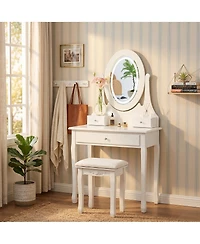 homfan Modern Vanity Desk with Led Lighted Oval Mirror, 3 Lighting Modes, Cushioned Stool, 3 Storage Drawers, Dressing Table Set for Bedroom