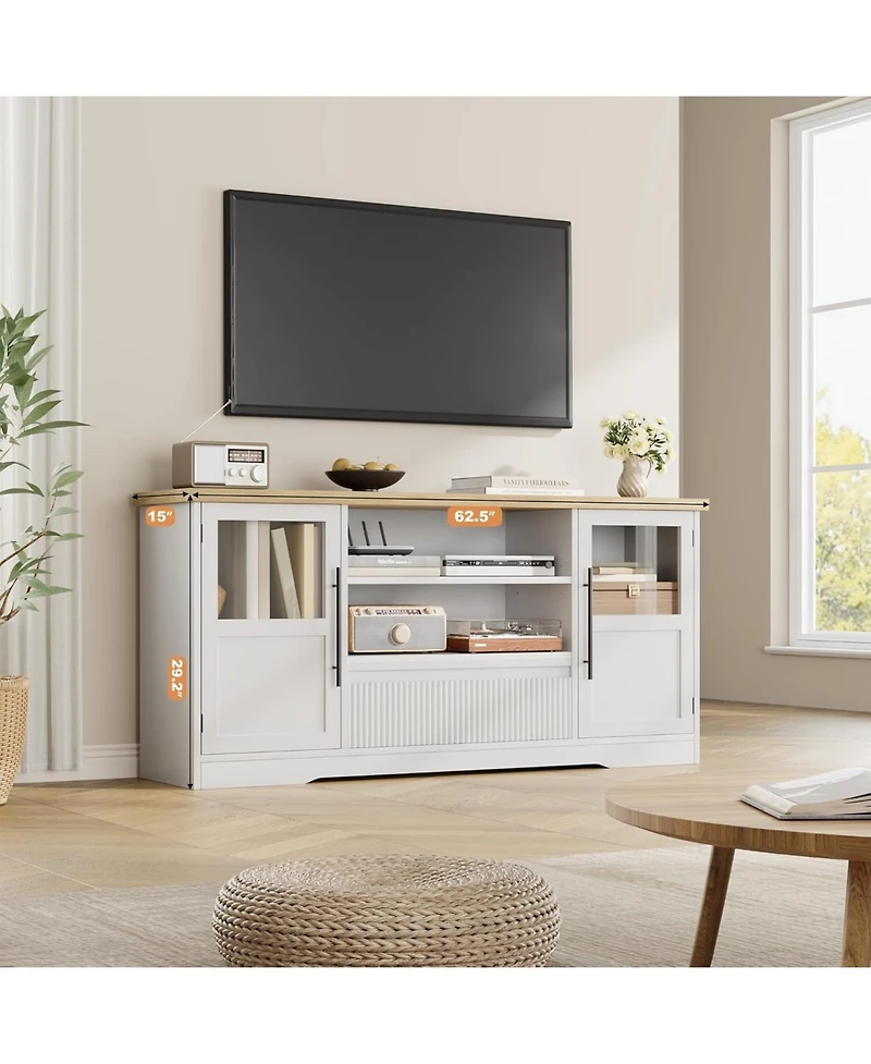 gaomon Farmhouse Tv Stand for TVs, Wave-Pattern Console with Glass Cabinets and Open Shelves