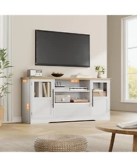 gaomon Farmhouse Tv Stand for TVs, Wave-Pattern Console with Glass Cabinets and Open Shelves