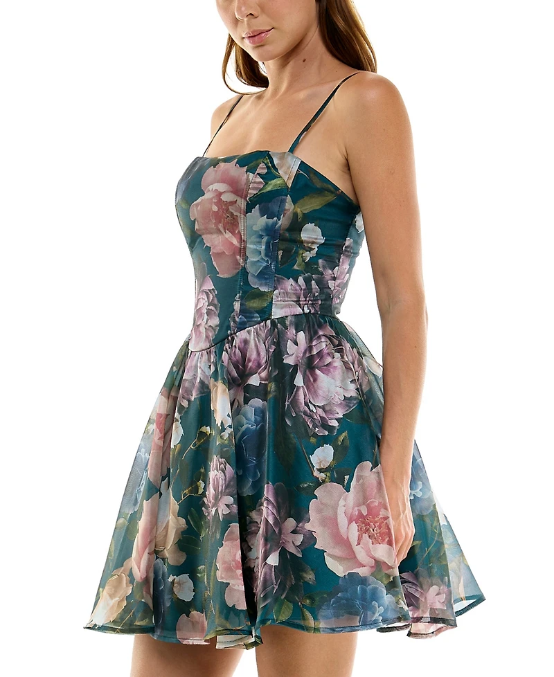 Seni & Cade Juniors' Floral Printed Square Neck Mini Dress