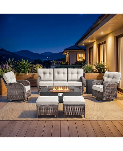 Pocassy 7 Pieces Outdoor Patio Furniture Set with Fire Pit Table, Wicker Swivel Rocking Chairs Conversation Sets 5inch Cushion