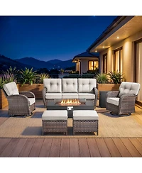 Pocassy 7 Pieces Outdoor Patio Furniture Set with Fire Pit Table, Wicker Swivel Rocking Chairs Conversation Sets 5inch Cushion