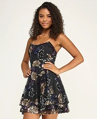 Katia Rae Juniors' Lace-Up Back Strapless Sequined Floral Short Dress