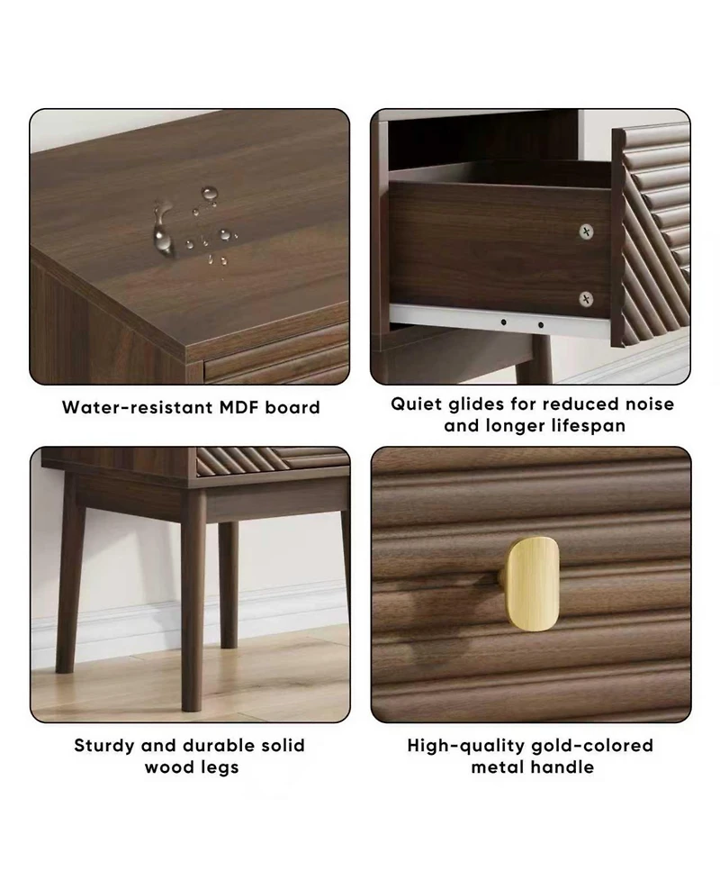 Boyel Living Medieval-Modern Walnut Bedside Table Set of 2, Nightstand with Recessed Design and Metal Handles for Bedroom, Living Room