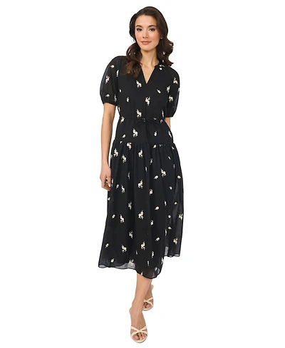 CeCe Women's Printed V-Neck Tie-Waist Midi Dress