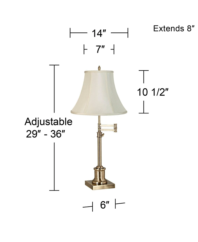 360 Lighting Traditional Swing Arm Desk Table Lamp Adjustable Height 36" Tall Antique Brass Imperial Fabric Bell Shade Living Room