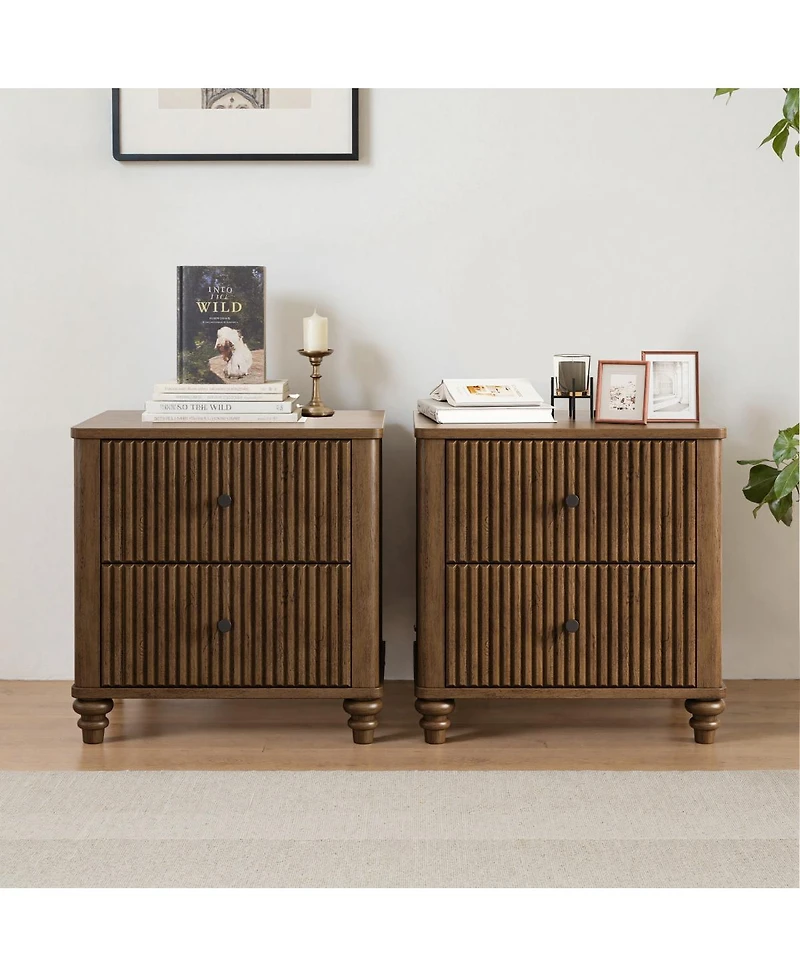Streamdale Furniture Fluted 3-Drawer Nightstand Set Mid-Century Modern Wood Side Table (2-Piece