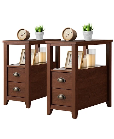 Gymax Set of 2 Nightstand Rustic Style End Table w/Drawer Shelf