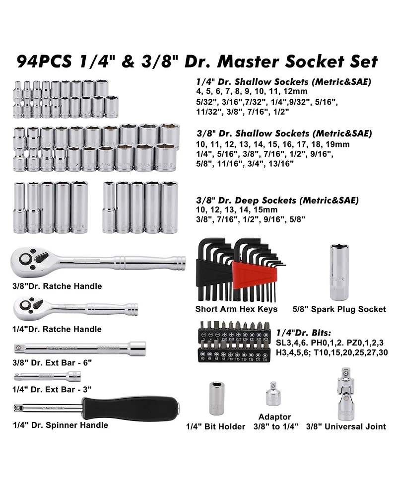 Xdovet Socket Set Sae Metric Ratchet Extension Universal Joint 94pieces