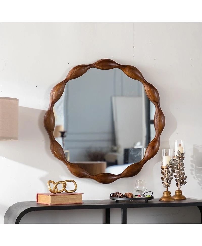 Laoties 32" Wavy Round Wood Wall Mirror, Modern Rustic Decorative Accent Mirror for Living Room and Entryway