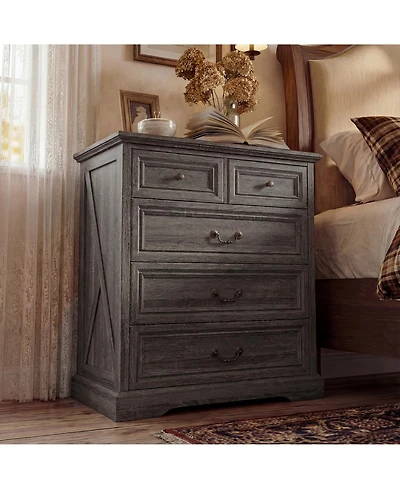 Homsee Modern Tall Storage Cabinet - 32-Inch Wide Solid Organizer with 5 Drawers | Living Room and Bedroom Engineered Wood Armoire