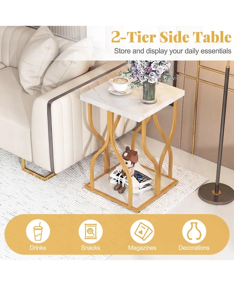 Gymax Faux Marble Nightstand 2-Tier End Table w/Storage Shelf Metal Frame for Bedroom