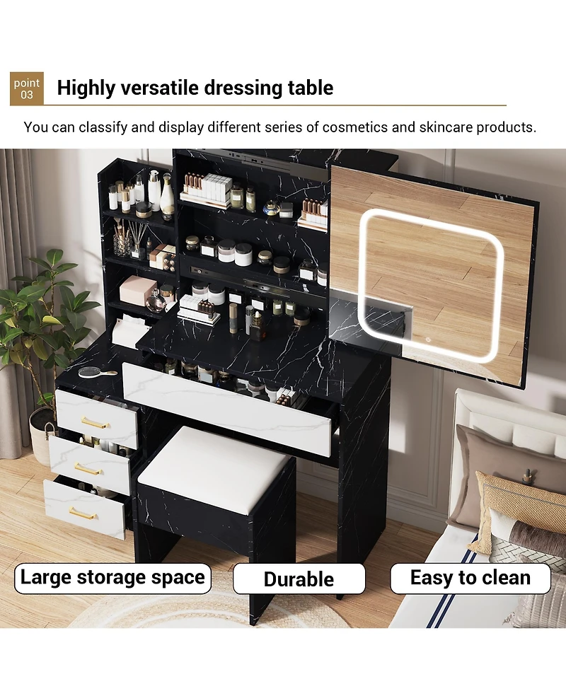 homfan Vanity Desk with Sliding Led Mirror, 4 Drawers, Storage Shelves, Power Outlet, Cushioned Stool, 3-Light Makeup Table, Marble