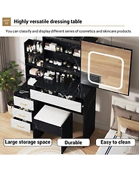 homfan Vanity Desk with Sliding Led Mirror, 4 Drawers, Storage Shelves, Power Outlet, Cushioned Stool, 3-Light Makeup Table, Marble