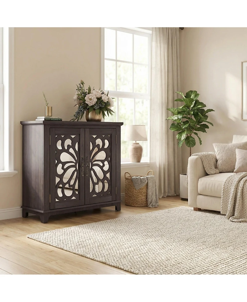 Sailvan Elegant Sideboard with 2 Acrylic Mirrored Doors, Hollow-Carved Accent Cabinet