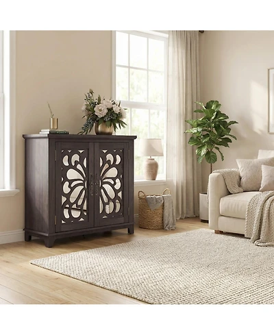 Sailvan Elegant Sideboard with 2 Acrylic Mirrored Doors, Hollow-Carved Accent Cabinet