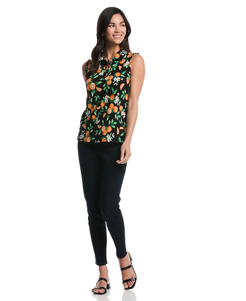 Rafaella Petite Orange Print Ruffle-Trim Sleeveless Polo Shirt