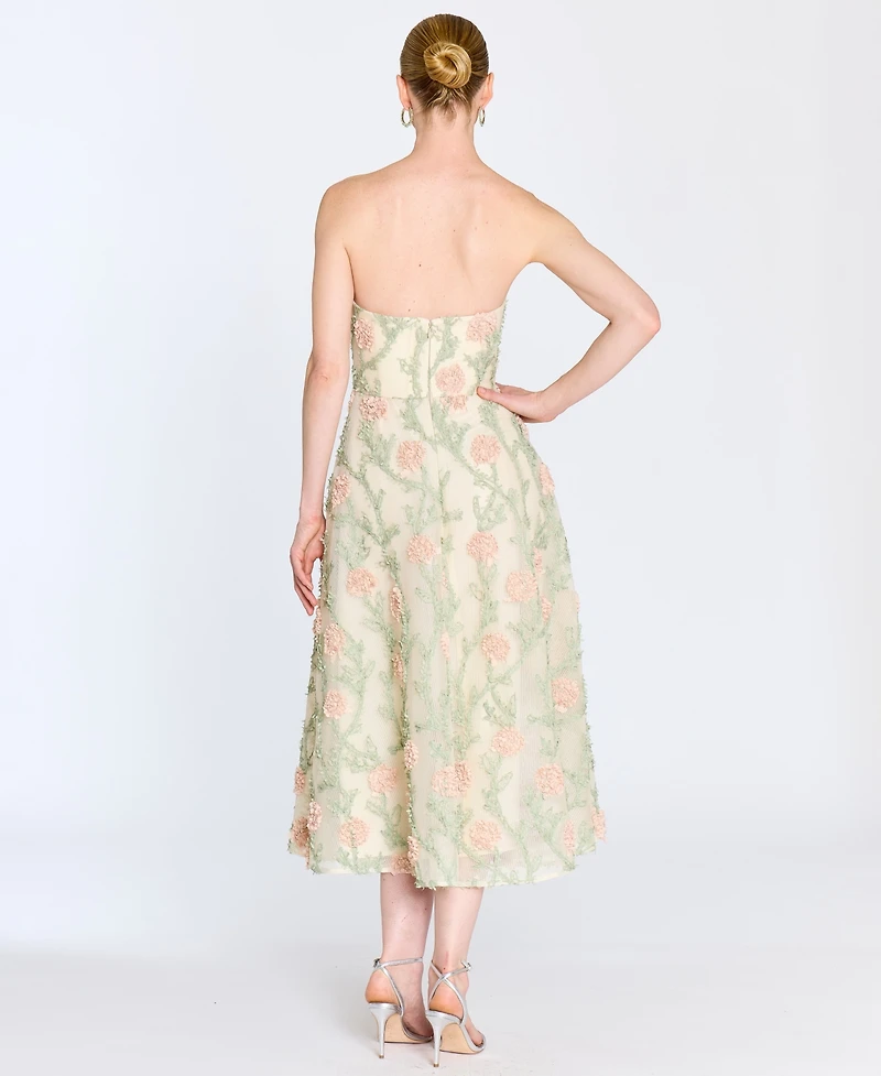 Marchesa Notte Women's Midi Strapless 3D Floral Embroidery Dress