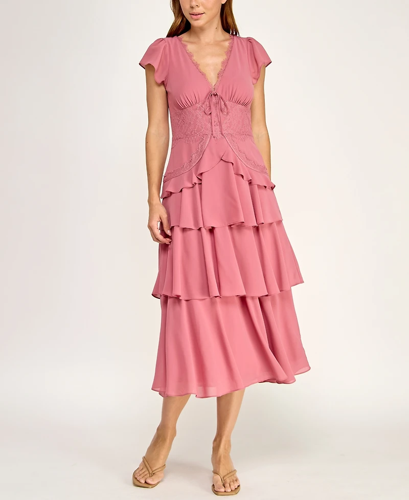 Row A Juniors' Lace Trim Tiered Midi Dress