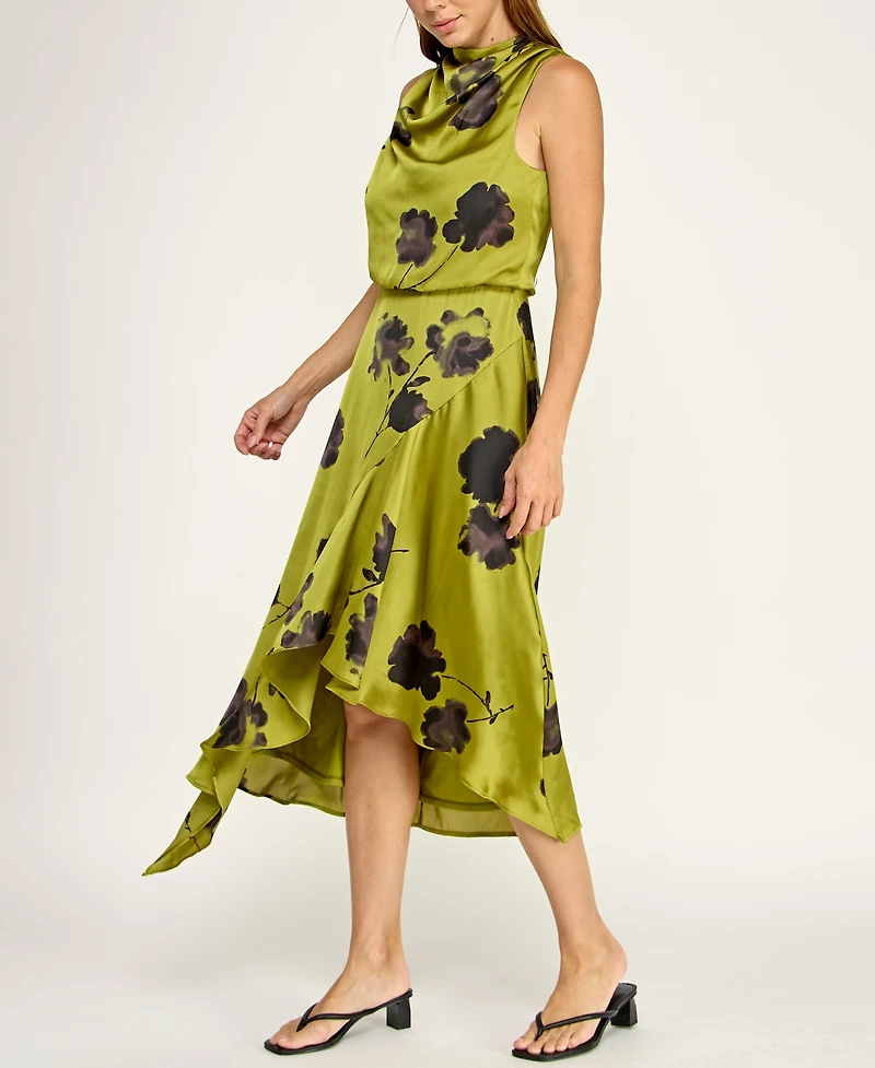 Row A Juniors' Cowl Neck Asymmetric Midi Dress