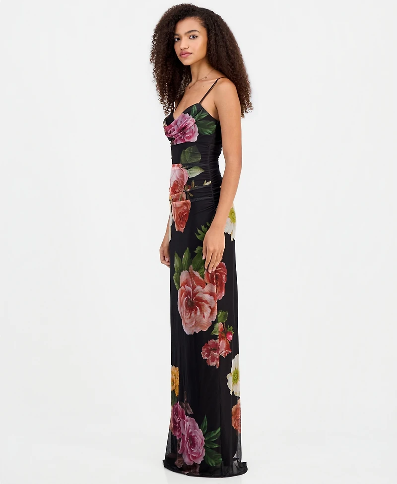 Emerald Sundae Juniors' Cowl Neck Floral Mesh Sleeveless Gown