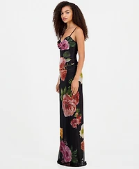 Emerald Sundae Juniors' Cowl Neck Floral Mesh Sleeveless Gown