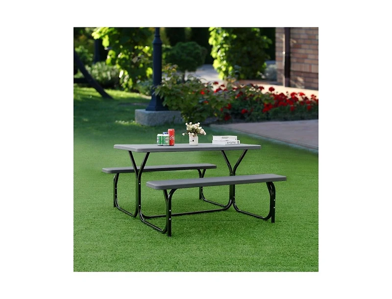 Clihome Hdpe Outdoor Picnic Table Bench Set with Metal Base