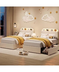 gaomon Bed Frame with 2 Flexible Drawers, Upholstered Platform Bookcase Headboard and Led Lights