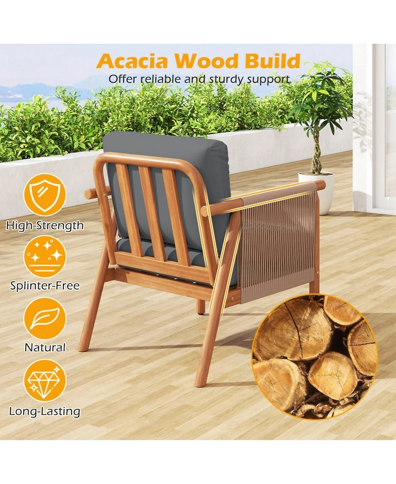 Sugift Set of 4 Patio Acacia Wood Chairs with Woven Rope Armrests and Back Cushions