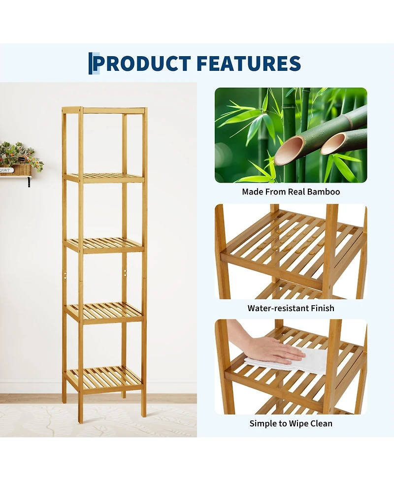 gaomon Space Saving 5 Tier Wooden Bathroom Shelf, Narrow Standing Storage Rack with Slatted Natural Wood, Versatile for Towels, Plants