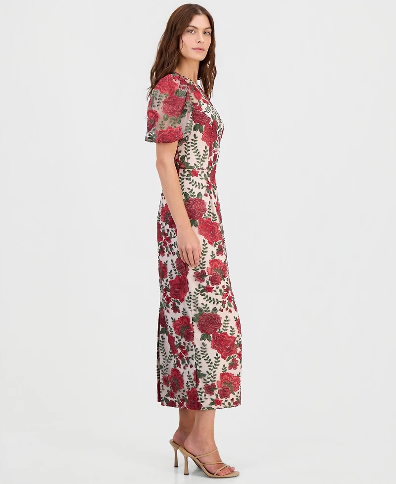 Adrianna Papell Women's Embroidered Puff Sleeve Dress