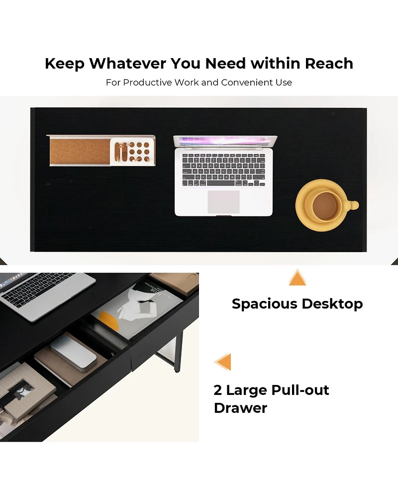 Gouun 2-Drawer Steel-Frame Writing Desk with Anti-Topple Hardware, Depth