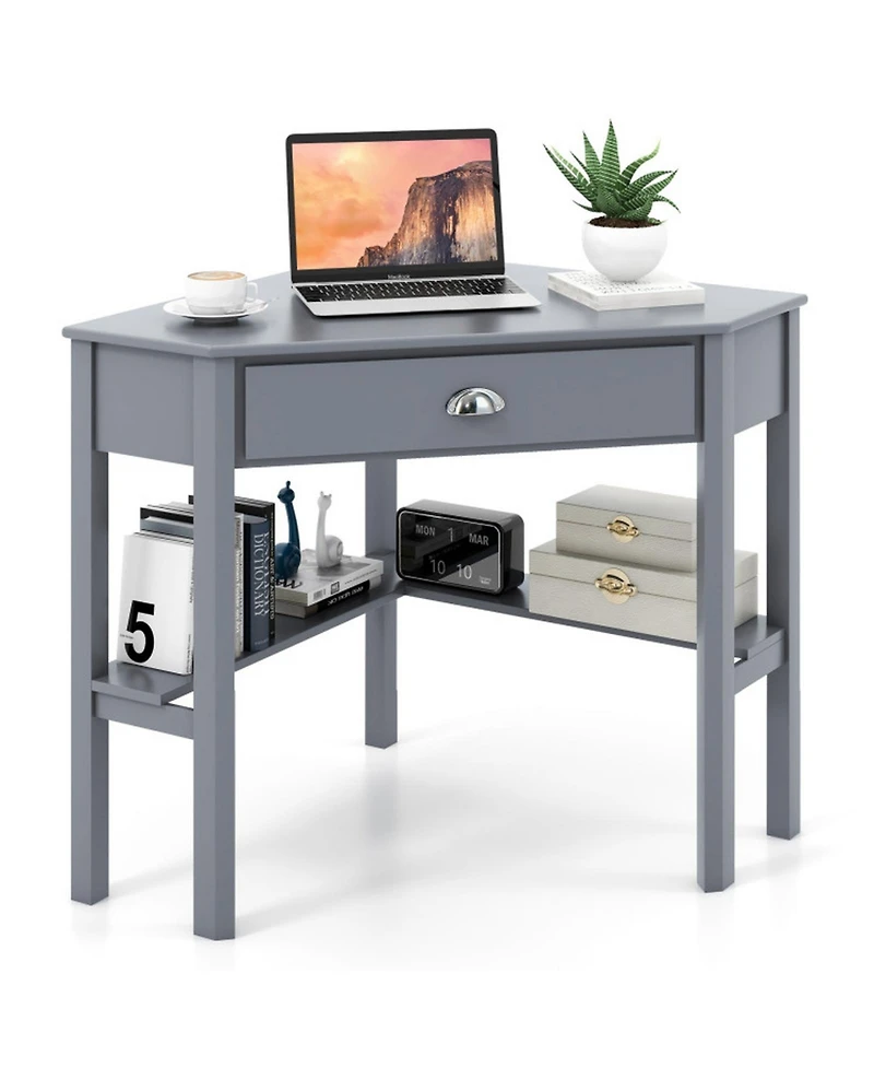 Gouun Corner Computer Desk Solid Pine Wood Drawer Open Shelves Laptop