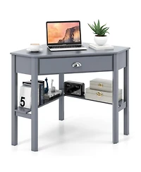 Gouun Corner Computer Desk Solid Pine Wood Drawer Open Shelves Laptop