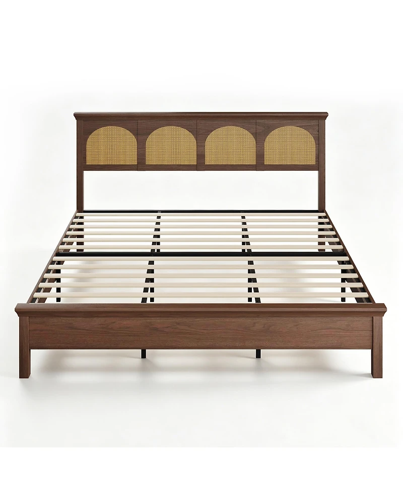 homfan Bed Frame with Rattan Headboard, Wooden Platform Bed with Storage Shelf and Under Bed Storage for Bedroom