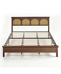 homfan Bed Frame with Rattan Headboard, Wooden Platform Bed with Storage Shelf and Under Bed Storage for Bedroom