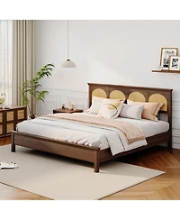 homfan Bed Frame with Rattan Headboard, Wooden Platform Bed with Storage Shelf and Under Bed Storage for Bedroom