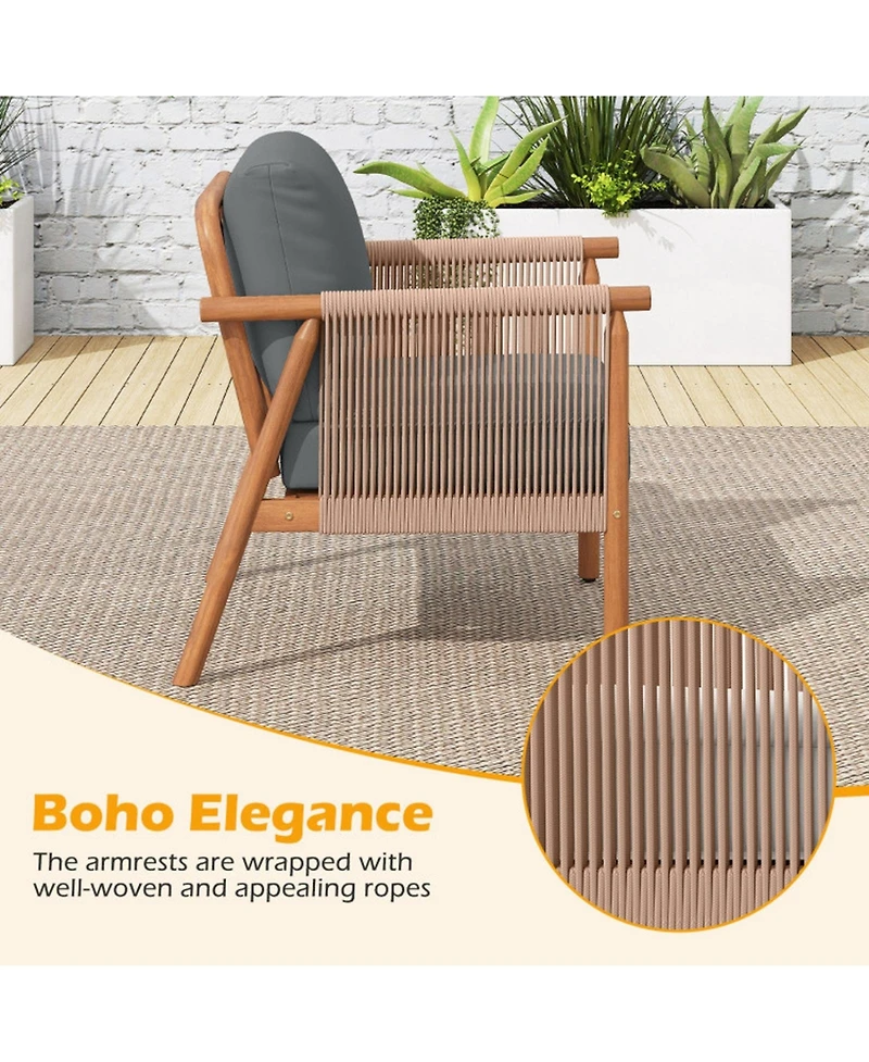 Gouun Set of 2 Acacia Wood Patio Chairs with Woven Rope Armrests and Padded Cushions
