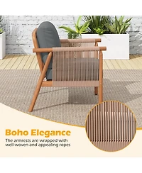 Gouun Set of 2 Acacia Wood Patio Chairs with Woven Rope Armrests and Padded Cushions