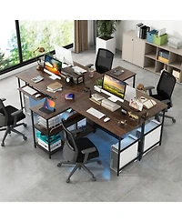 Gouun 2-Person Computer Desk Led Lights Monitor Stand Storage