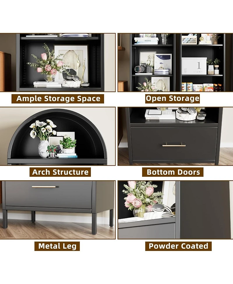 Boyel Living Arched Metal Bookshelf with Drawer, Modern Open Display Cabinet and Tall Storage Shelf