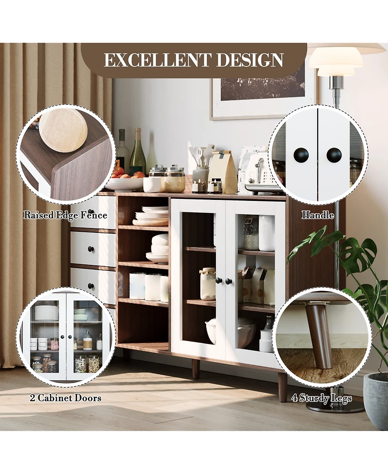 homfan Glass Door Sideboard Cabinet with Grille Design, Buffet Server Storage Shelves for Dining Room Living