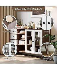 homfan Glass Door Sideboard Cabinet with Grille Design, Buffet Server Storage Shelves for Dining Room Living