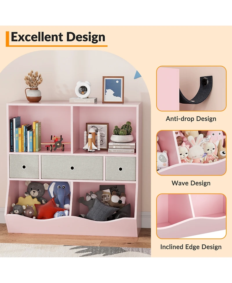 homfan 3-Tier Toy Storage Organizer with Engineered Wood Frame, Fabric Drawers Kids Bookshelf for Bedroom Playroom Nursery