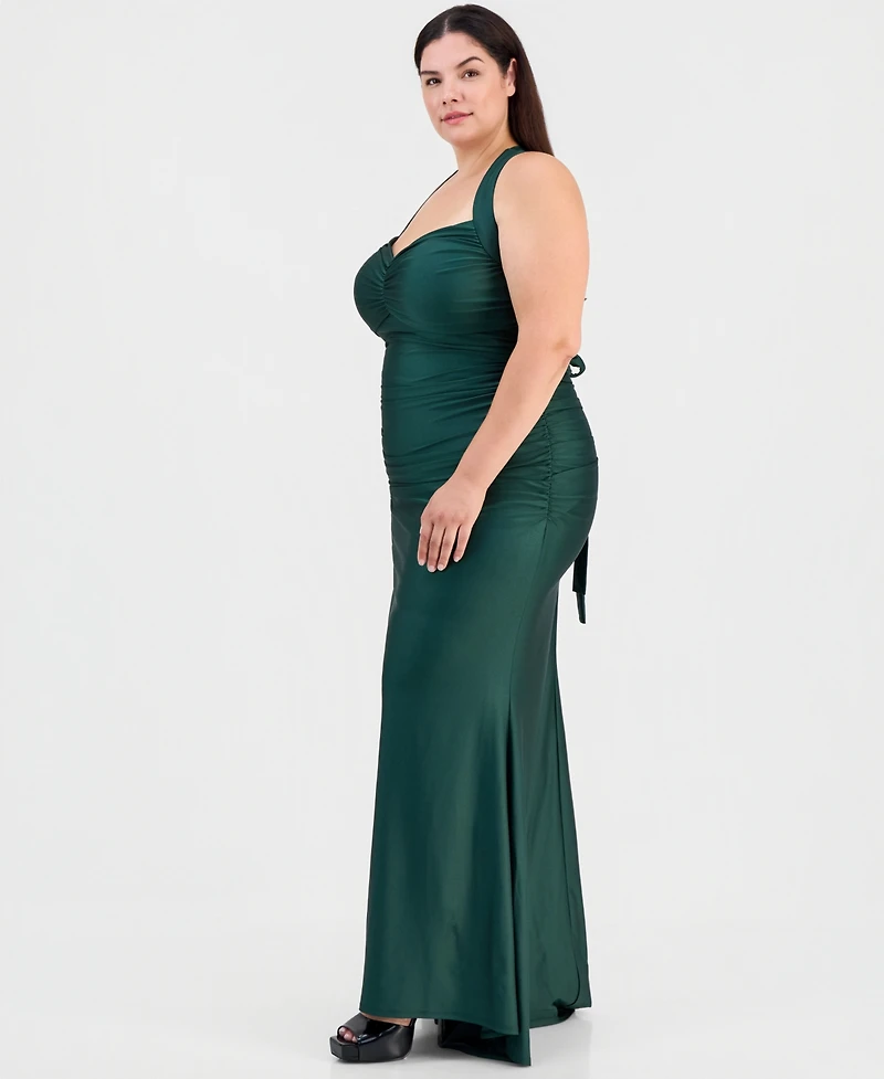 B Darlin Trendy Plus Shiny Knit Ruched Back-Tie Gown