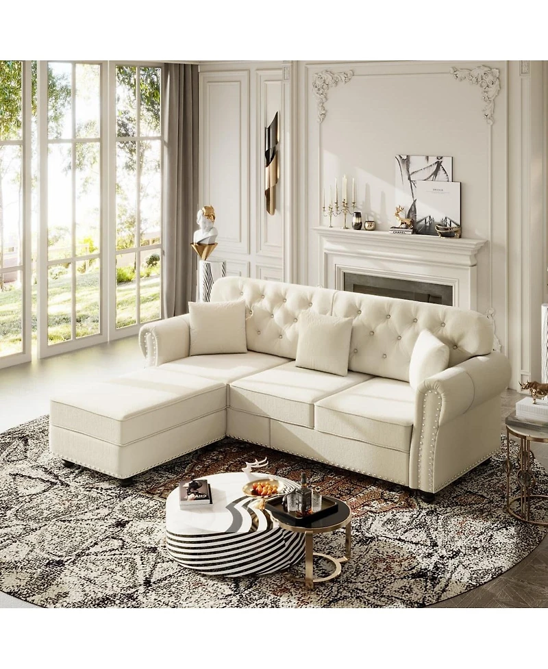 Maison Boucle 82.6'' Velvet Sofa and Ottoman, Chesterfield Nailhead, 3 Pillows